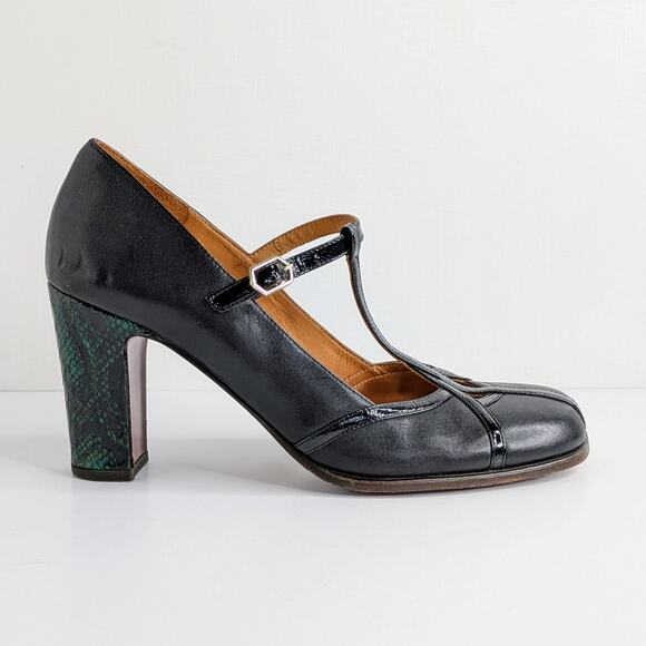 Chie Mihara T-Strap Heels 40 Black Green Snakeskin Accent Retro Glam Pinup Shoes - Picture 8 of 15